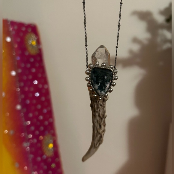 Jewelry - Moss Agate Quartz Crystal Deer Antler Amulet Necklace Boho Crystal Necklace